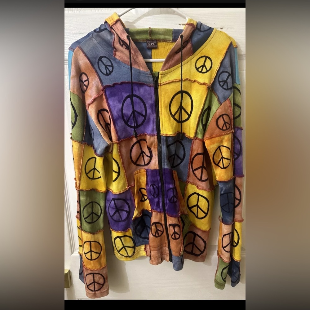 KPC Peace Sign  Colorful Patch Work Hoodie Size Small